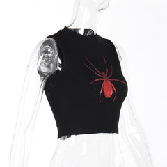 crewneck ribbed spider pattern glitter contrast crop top
