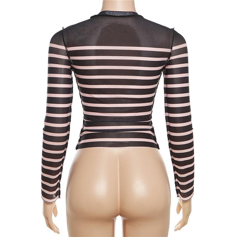 Striped long sleeve contrast sheer mesh see through top