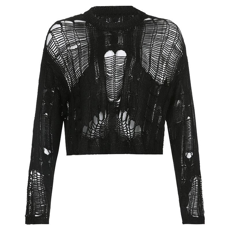 Solid hollow out crochet long sleeve round neck cut out top
