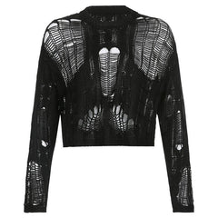 Solid hollow out crochet long sleeve round neck cut out top