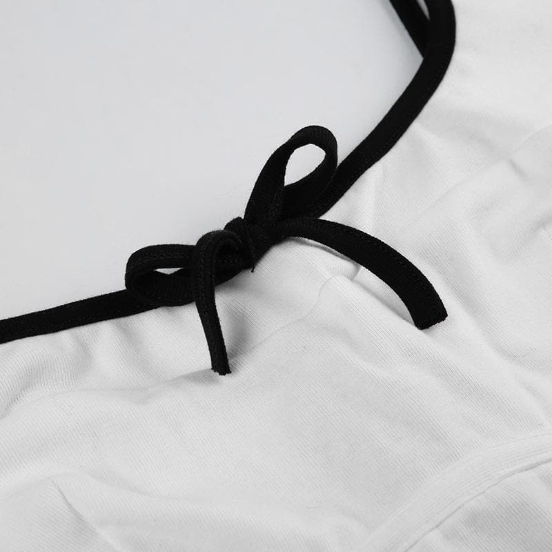 Square neck bowknot contrast long sleeve crop top