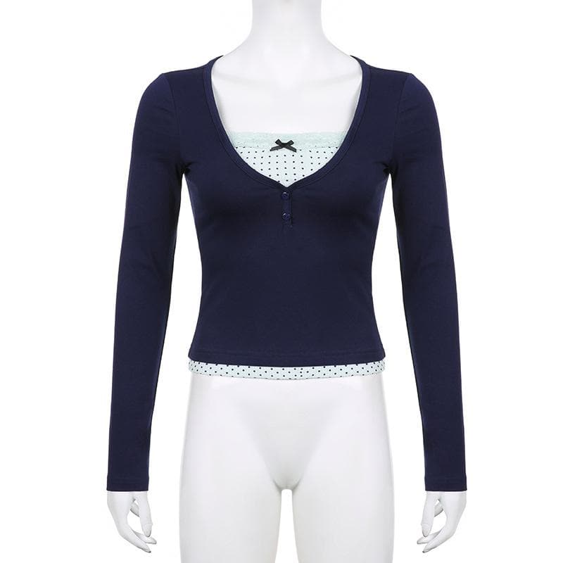 Polka dot patchwork long sleeve lace hem button top