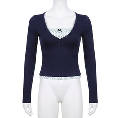 Polka dot patchwork long sleeve lace hem button top