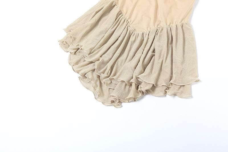 Cross back ruffle mesh patchwork ruched backless cami mini dress