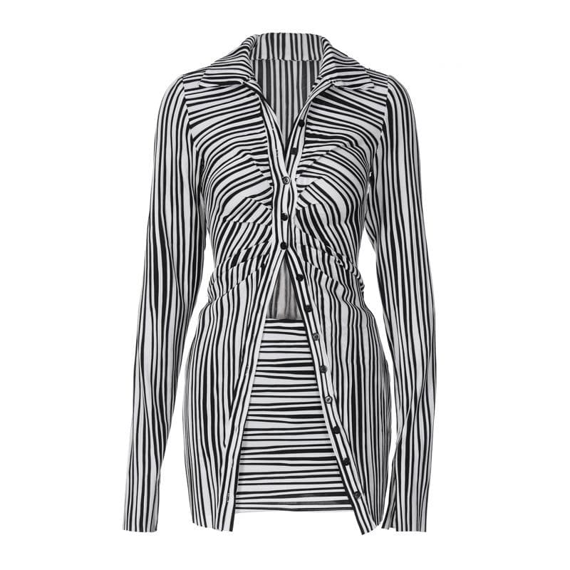 Striped contrast turnover collar button ruched slit long sleeve mini skirt set