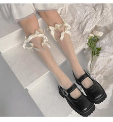 Sheer lace bowknot satin knee high socks