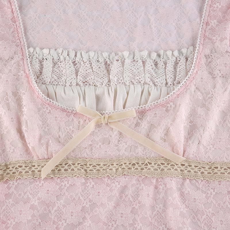 Square neck lace ruffled short sleeve bowknot top