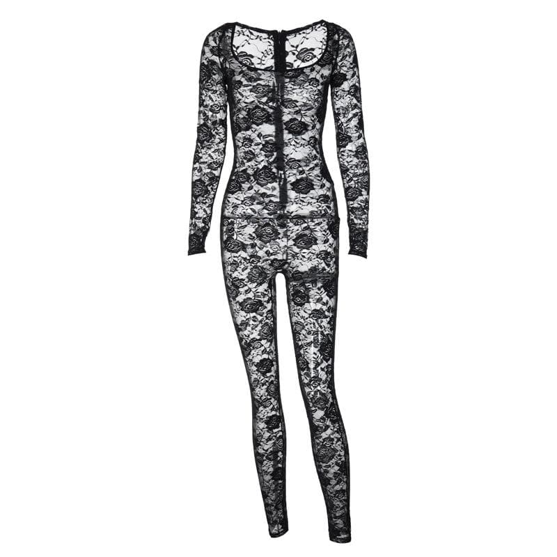 Lace solid zip-up long sleeve see through round neck jumpsuit