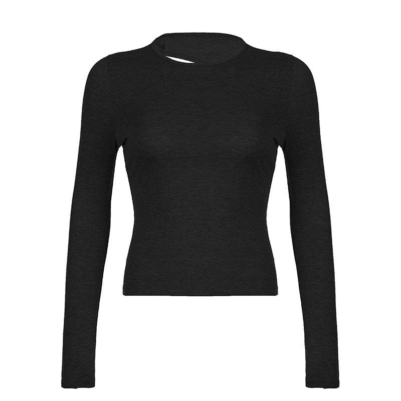 Solid long sleeve backless crewneck top