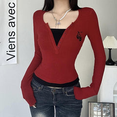 Patchwork button contrast long sleeve embroidery top
