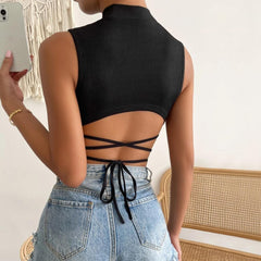Cross front sleeveless high neck self tie ribbed crop top