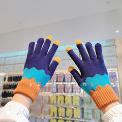 Touch screen knitted patchwork full finger gloves