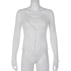 Button ruffle long sleeve lace hem textured solid 2 piece top