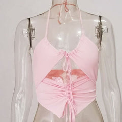 Double layered halter drawstring hollow out ruched solid crop cut out top