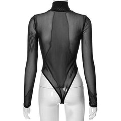 Sheer mesh see through beaded high neck long sleeve bodysuit