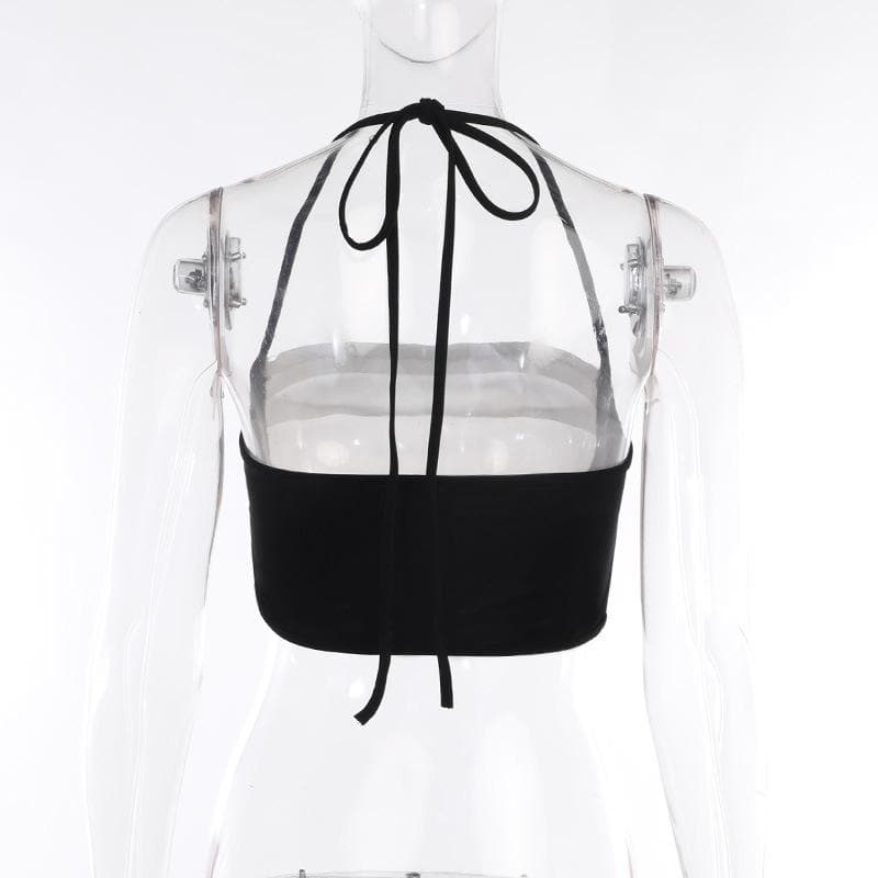 Pleated contrast patchwork halter backless crop top