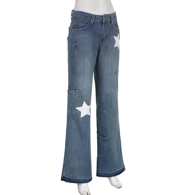 Contrast star pattern raw hem pocket straight leg jeans