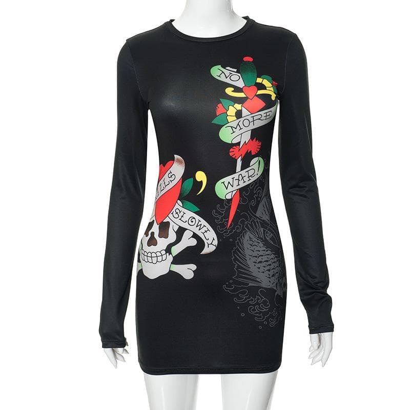 Abstract contrast long sleeve crewneck mini dress