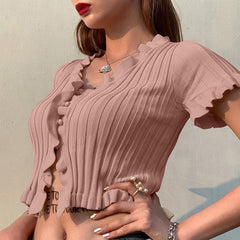 Short sleeve ribbed ruffled buttoned crop top