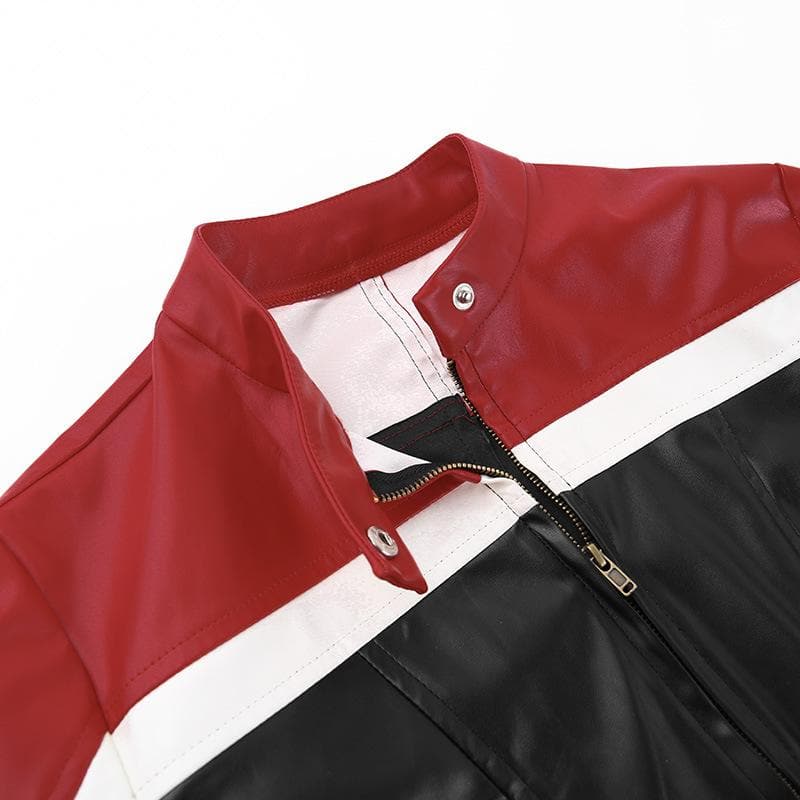 Contrast patchwork zip-up long sleeve PU leather to top jacket
