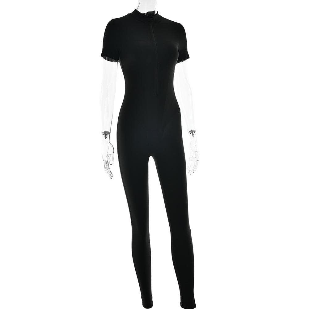 Short sleeve zip-up high neck solid jumpsuit