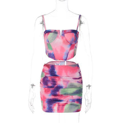 Ruched contrast tie dye notch neck backless corset cami mini skirt set