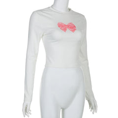 Bowknot pattern contrast long sleeve crewneck top