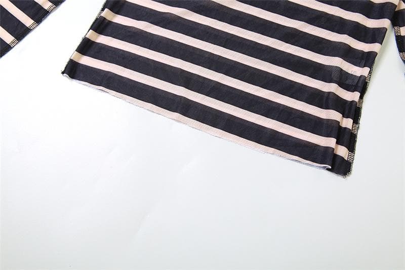 Striped long sleeve contrast sheer mesh see through top