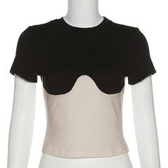 Short sleeve patchwork crewneck contrast crop top