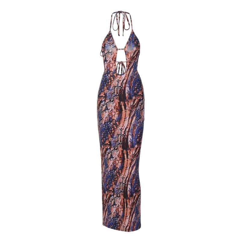 Backless hollow out halter self tie contrast print maxi dress