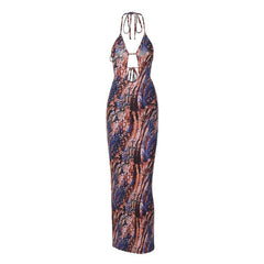 Backless hollow out halter self tie contrast print maxi dress