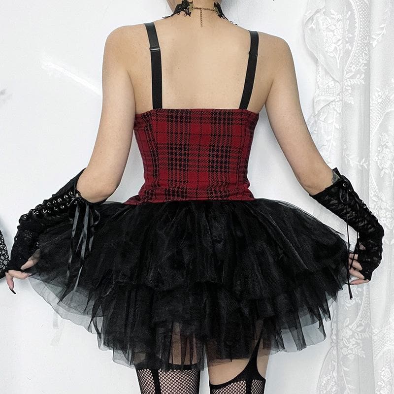 Plaid sweetheart neck lace up lace hem backless cami top