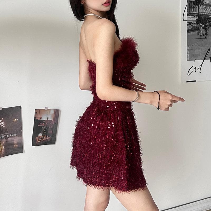 Textured glitter backless feather tube mini dress