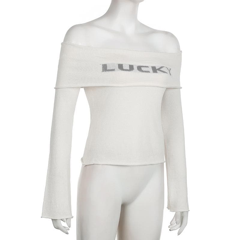 Off shoulder "LUCKY" pattern long sleeve top