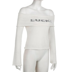 Off shoulder "LUCKY" pattern long sleeve top
