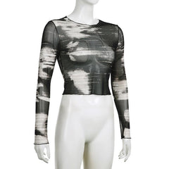 Sheer mesh see through ruffle long sleeve tie dye crop top