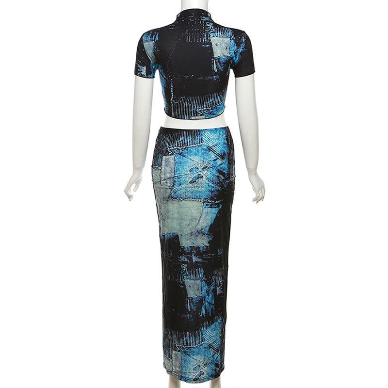 Short sleeve high neck contrast print maxi skirt set