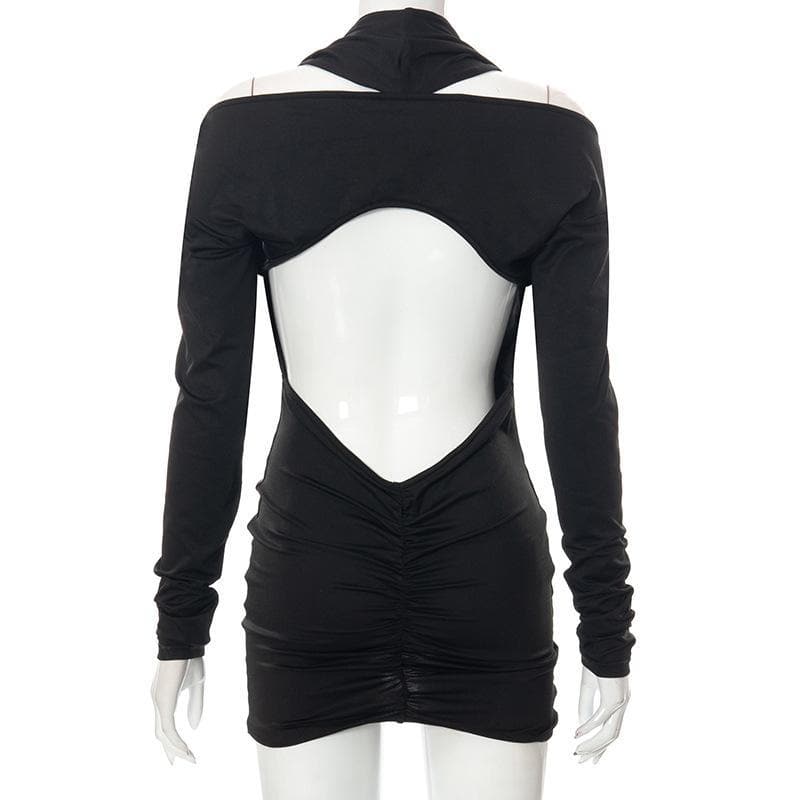 Deep v neck long sleeve open back solid ruched mini dress