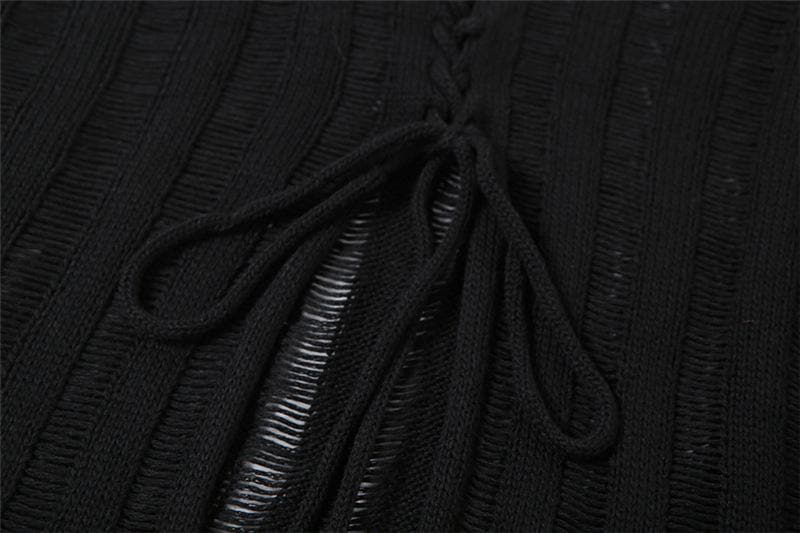 Solid long sleeve knitted slit lace up self tie top
