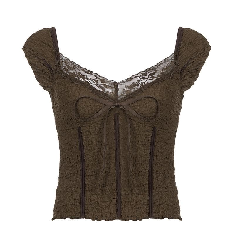 Textured cap sleeve lace hem solid backless top