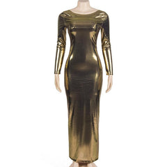 Metallic long sleeve backless round neck ruched maxi dress