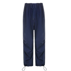 Drawstring solid low rise pocket wide leg baggy pant