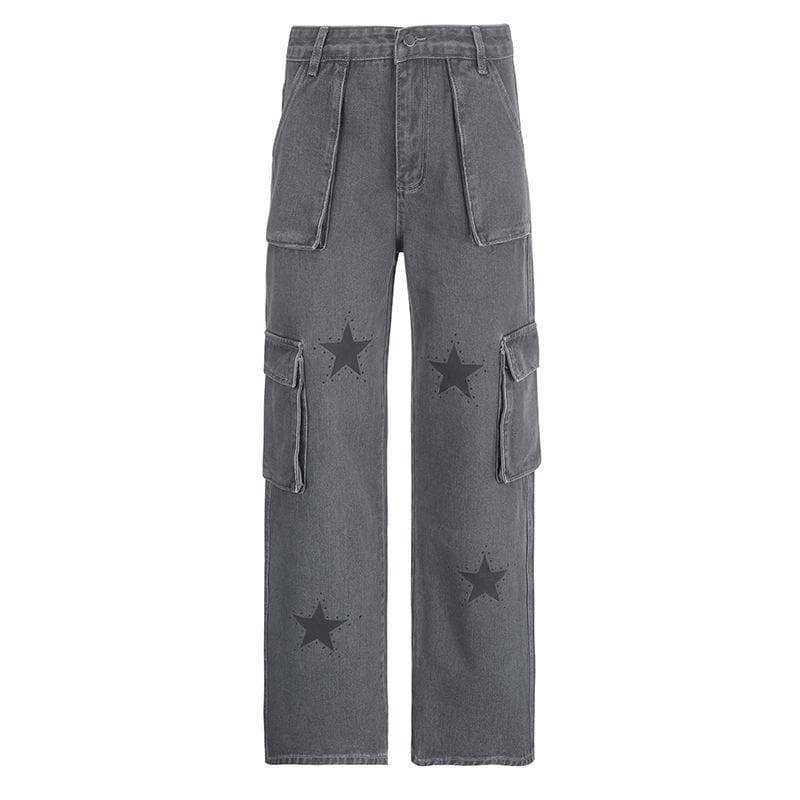 Contrast denim star pattern zip-up pocket jeans