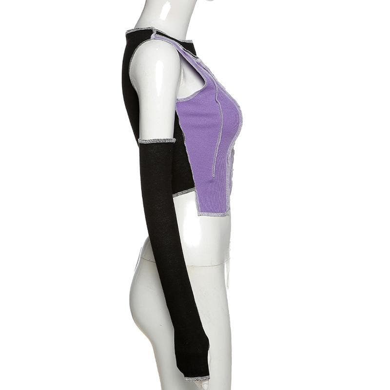 Patchwork off shoulder gloves ribbed crop top