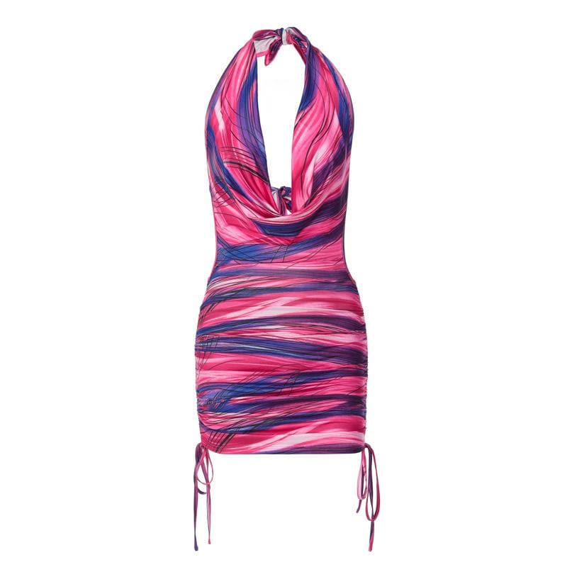 Backless Neck String Mini Cowl neck halter contrast drawstring self tie backless mini dress – Suncoy