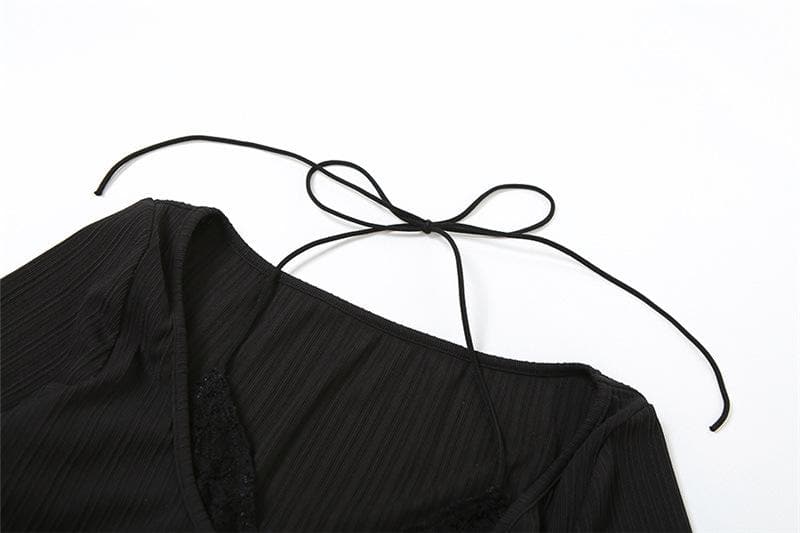Patchwork halter solid long sleeve crop top