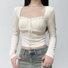 Square neck lace hem button solid long sleeve top