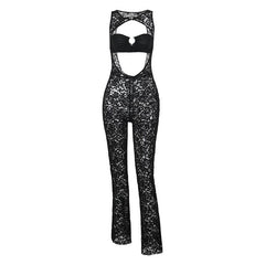 Hollow out lace solid sleeveless o ring tube jumpsuit