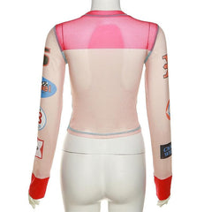 Sheer mesh stitch see through long sleeve print top