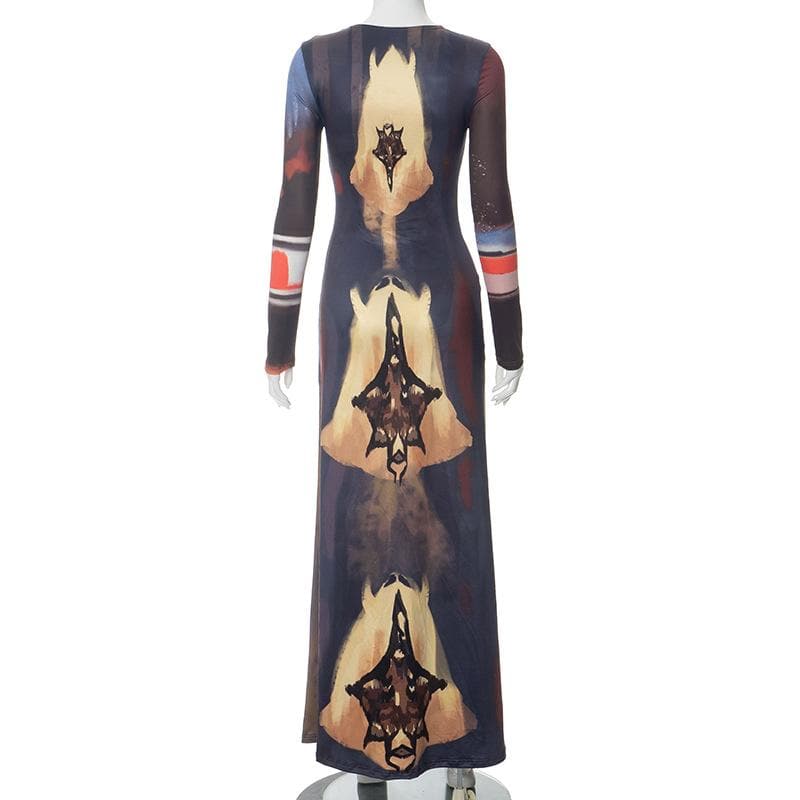 Abstract long sleeve contrast print maxi dress